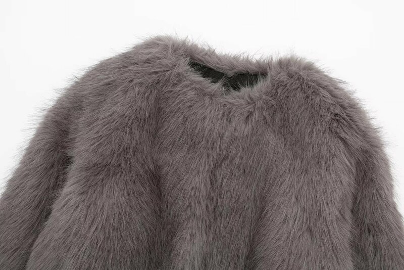 Women New Fashion Artificial fur effect Cropped Open Jacket Coat Vintage Long Sleeve Pockets Female Outerwear Chic Overshirt