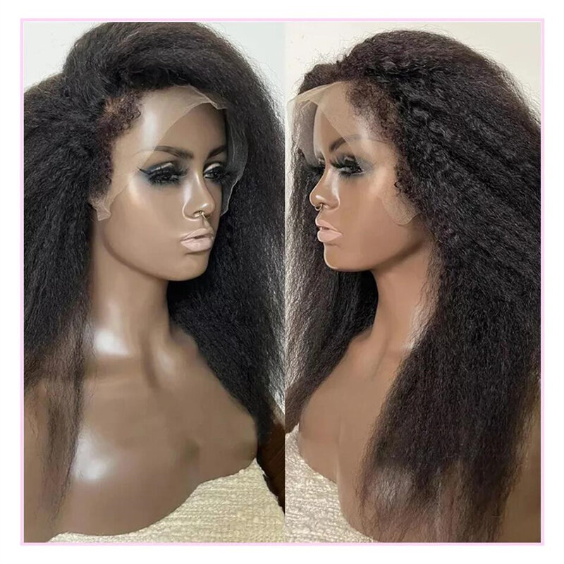 Yaki Glueless Long 180Density 26“ Kinky Straight Synthetic Lace Front Wig For Women BabyHair Preplucked Heat Resistant Daily