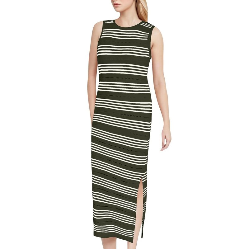 Women'S Midi Dresses Summer New Bodycon Slit Tank Dress Daily Casual Fashion All-Match Long Fitted Dresses Classic Stripe Dress