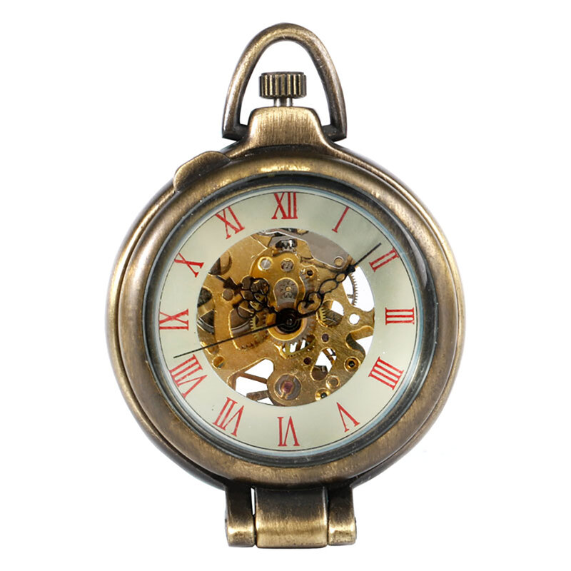 Męski zegarek kieszonkowy Fob mechaniczny ręczny wiatr unikatowy Clamshell przezroczysty brąz specjalny zegar prezenty świąteczne Relogio De Bolso