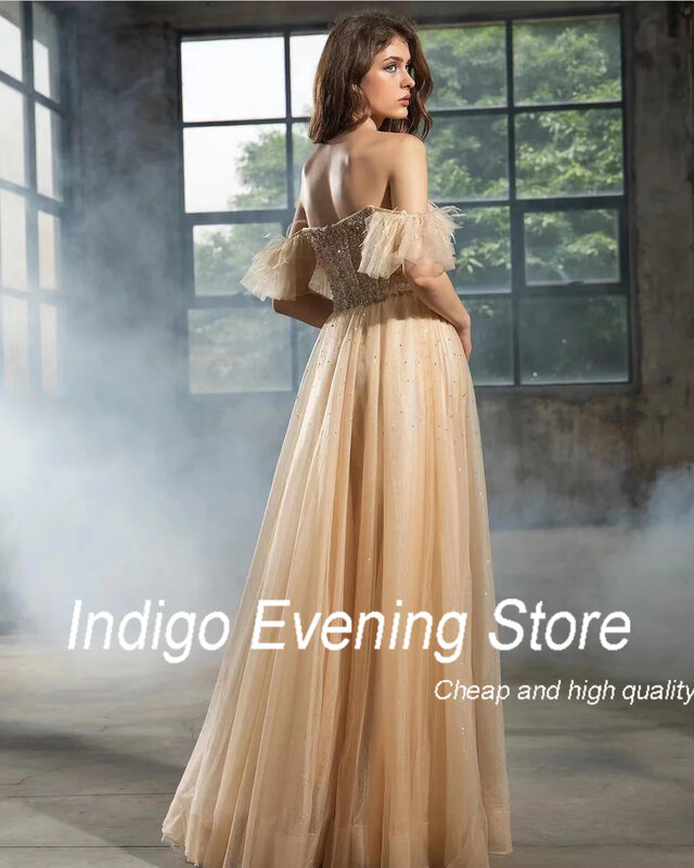 Indigo Tulle Prom Dresses Off Shoulder Beads Feathers Floor-Length Formal Party Dress For Women 2024 vestidos para mujer