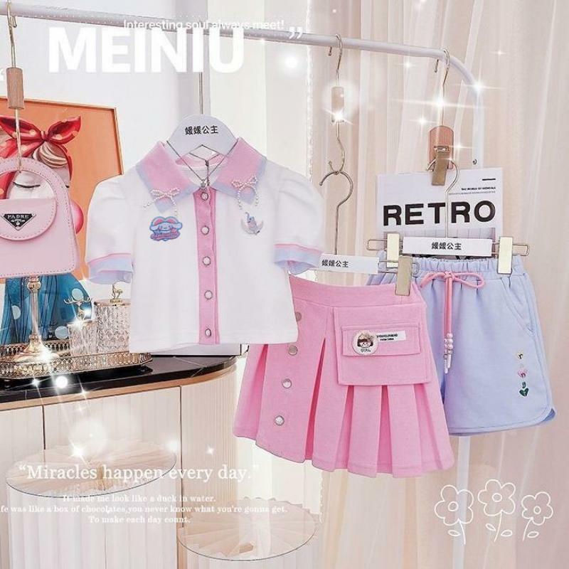 Baju anak-anak Anime Sanrios rok berlipat lengan pendek gadis My Melody pakaian anak rok putri manis gaya Preppy Set dua potong