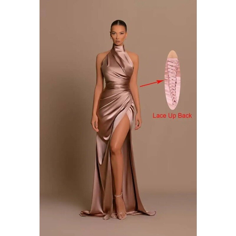 Mermaid Halter Prom Wedding Party Gown with High Slit Elegant Long Satin Evening Dresses for Women