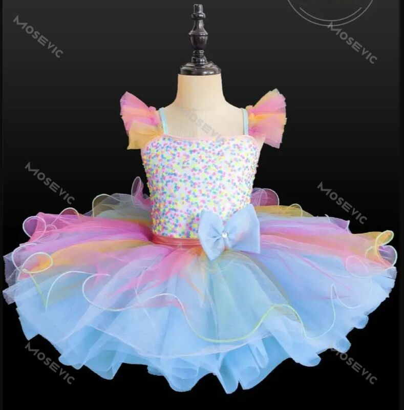 Children Ballroom Clothing Sequined Ballet Tutu Dress Girls Rainbow Color Modern Performance Clothing Wear Ballet Princess Dress