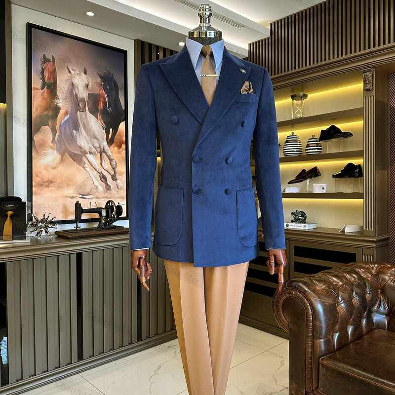 Setelan pakaian beludru pria, Blazer 2 potong + celana katun, jaket buatan khusus, tuksedo Formal bisnis kantor, mantel kancing dua baris