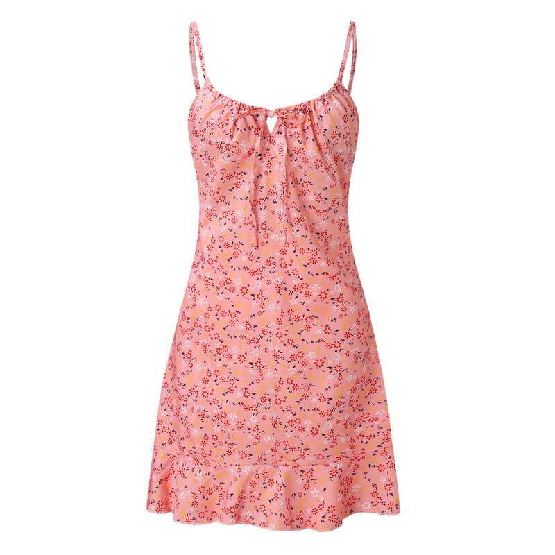Seksowna sukienka dla kobiet Spaghetti pasek bez rękawów moda kwiatowy Print Bodycon Mini sukienki letnie falbany wakacje na plaży Sundress