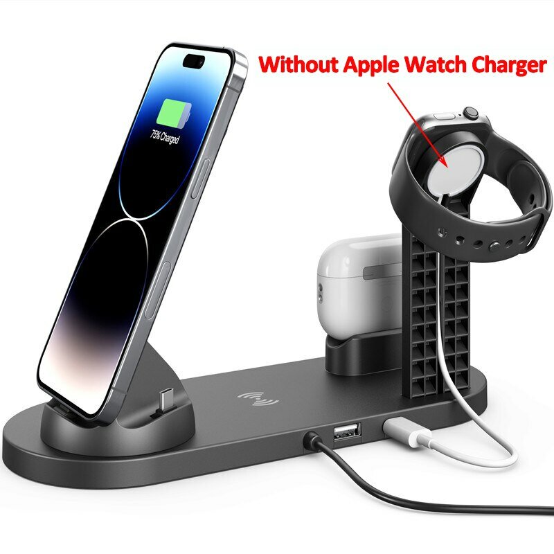 Supporto per caricabatterie Wireless 5 In 1 per iPhone 15 14 13 12 11 X Apple Watch Airpods caricabatterie per telefono da tavolo Dock Station di ricarica rapida