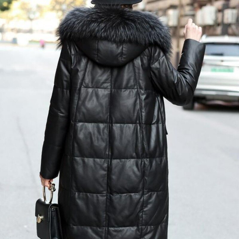 2023 The New Men and Women Winter Haining Leather Down Jacket and Women Long Slim Fur Collar Leather Thickened Hood Cozy Coat