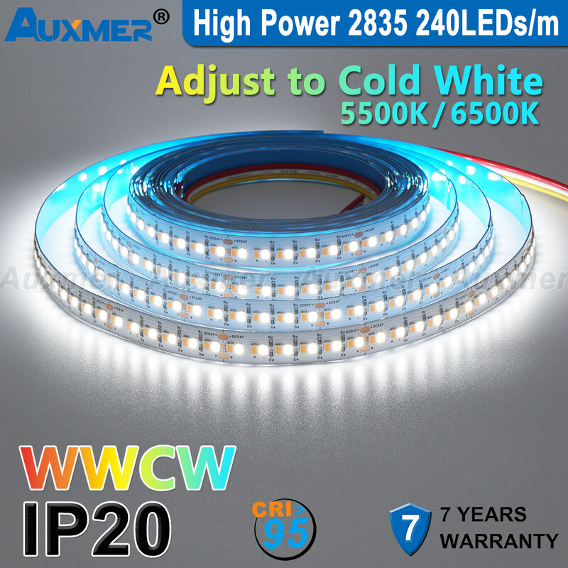 ไฟแถบไฟ LED auxmer 2835 wwcw 120LEDs/M 240LEDs/M, CRI>95 DC12 LED สว่างจ้า/24V,5M/REEL, CCT 2400 ~ 6500K,IP20,3SDCM