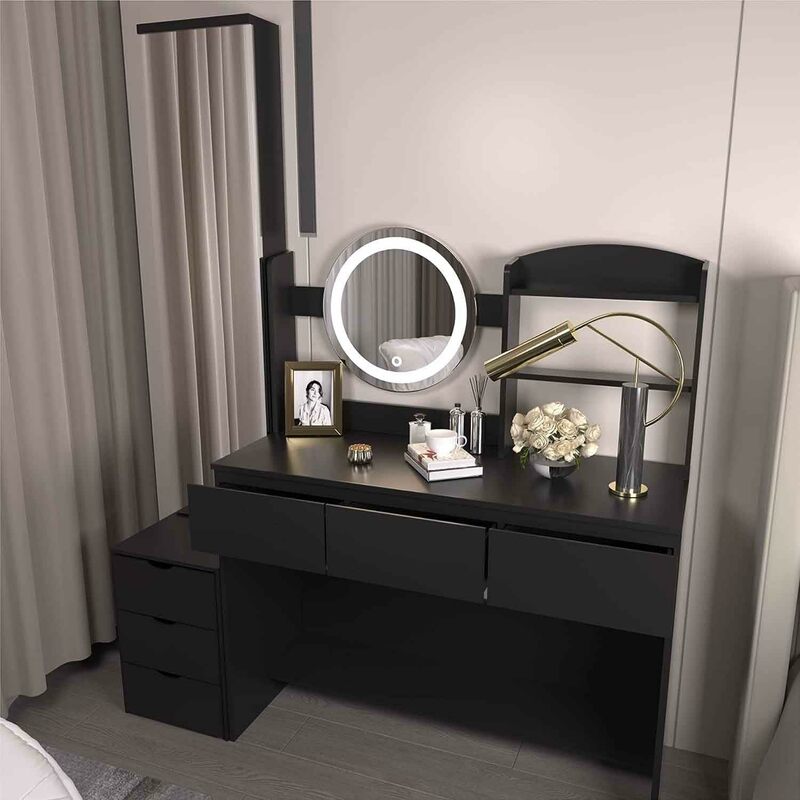XVURO Vanity Desk con specchio e luce, mobiletto portaoggetti a quattro ripiani sei cassetti grandi, 3 modalità di illuminazione