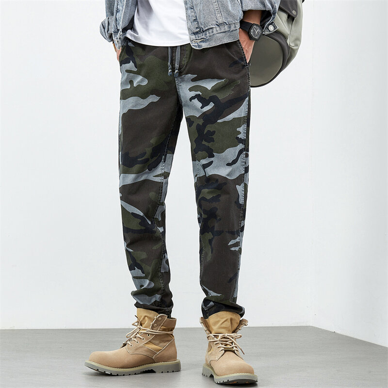 Men's Camouflage Cargo Pants Drawstring Khaki Tactical Trousers Regular Fit Hiking Pants Breathable Cotton Fishing Trousers