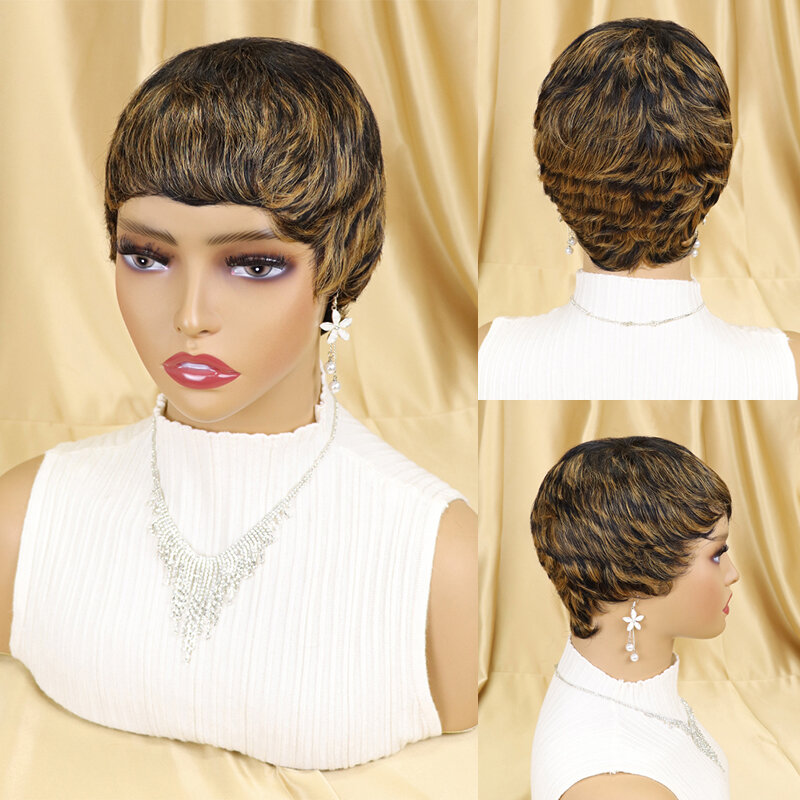 Peluca de cabello humano liso y corto para mujeres negras, pelo brasileño con corte Pixie, hecho a máquina, peluca peruana barata con flequillo perruque