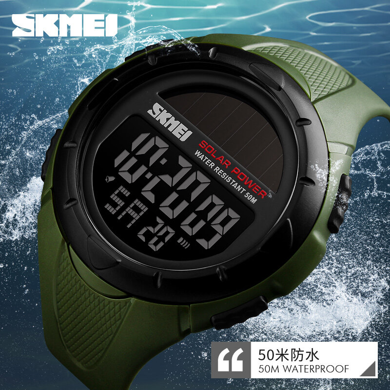 SKMEI 1405 jam tangan bercahaya pria, arloji olahraga Digital tenaga surya untuk pria