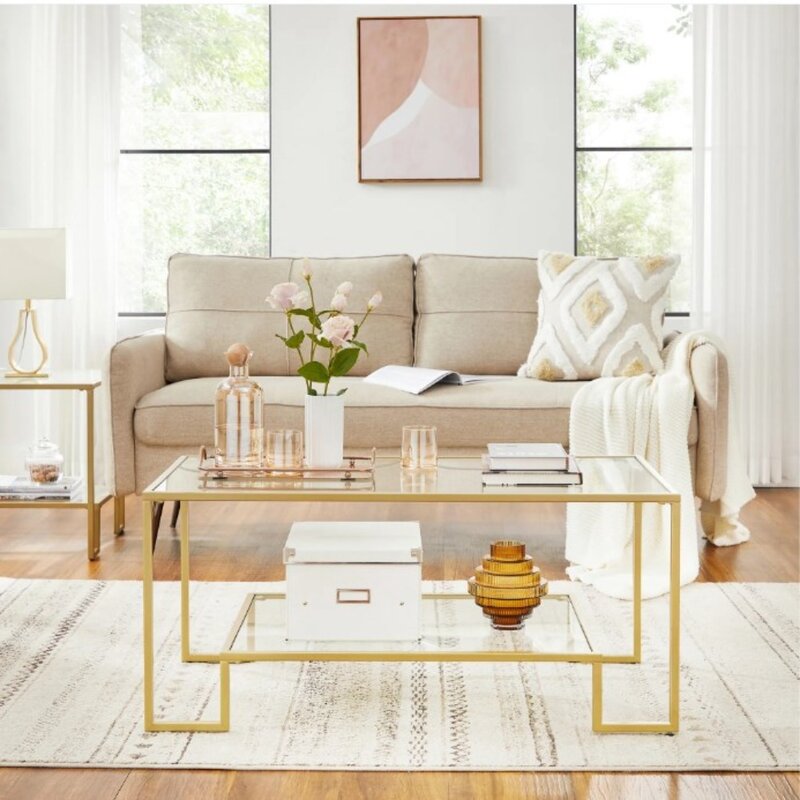 Tavolino da caffè in vetro dorato in metallo-due livelli con vetro temperato, elegante tavolino da caffè con struttura in metallo