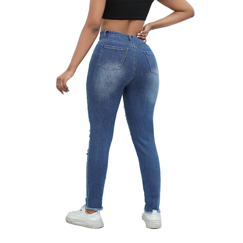 Jeans sexy feminino, com botão duplo, calça jeans, moda buraco, nova, verão