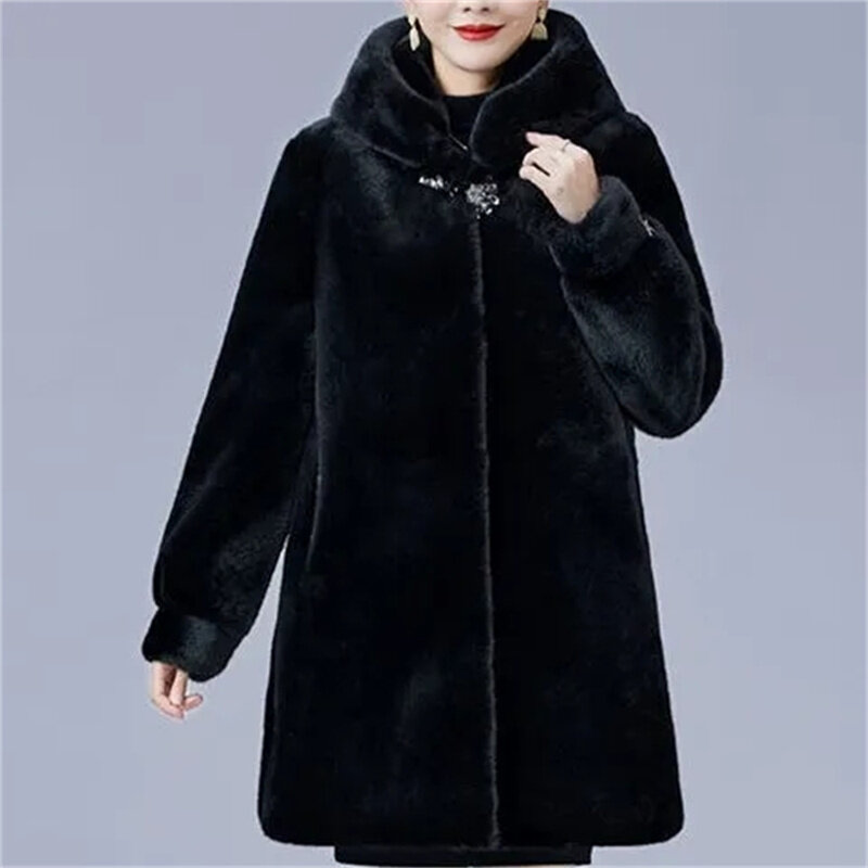 Abrigo de piel de visón con capucha para mujer, media larga Parka, abrigo de terciopelo de visón para madre de mediana edad, abrigo de piel de imitación, novedad de 2023
