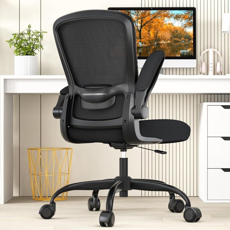 Kursi kantor, kursi meja ergonomis dengan penyangga pinggang dapat disetel, kursi komputer jaring punggung tinggi dengan sandaran tangan lipat