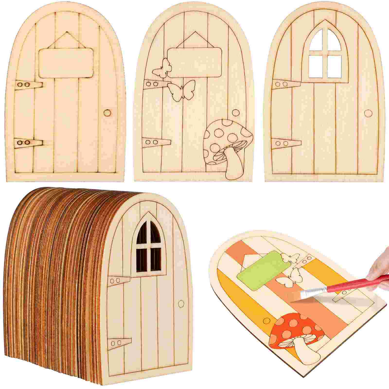 トビビアン-屋外用の手描きの木のドア、空の妖精の家、置物、未完成のドールハウスクラフトドア