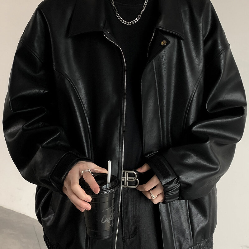 Jaket kulit hitam pria fashion Korea, jaket bomber kerah longgar, jaket sepeda motor, pakaian desainer pribadi