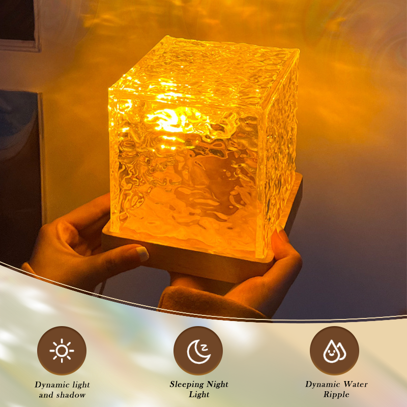 Square Dynamic Rotating Water Ripple Projector Night Light 3/16 Colors Flame Crystal Lamp for Living Room Bedroom Rotating Light