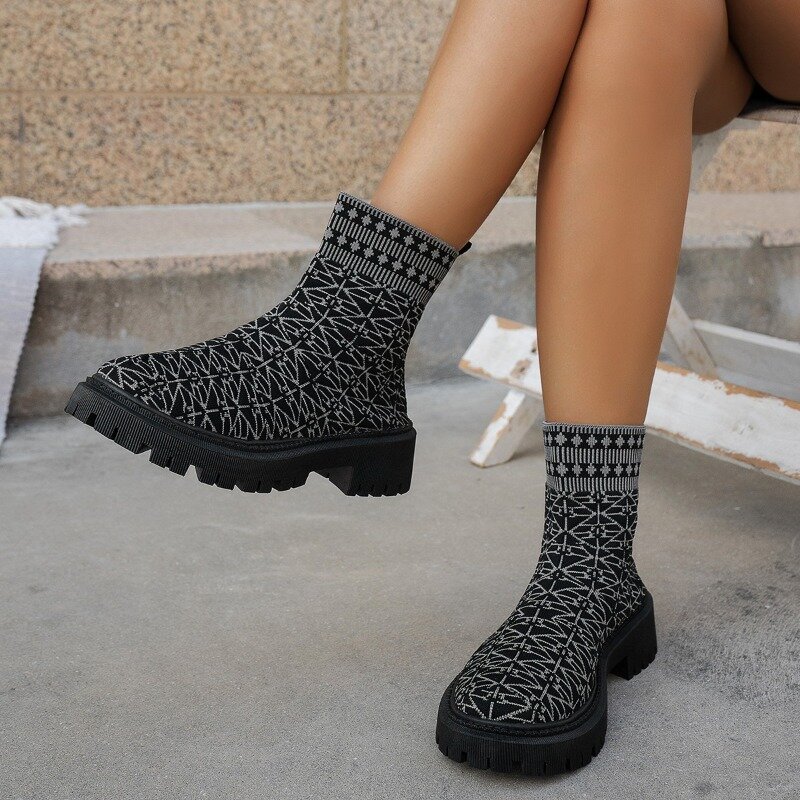 Chunky Heel Chelsea Boots para mulheres, sapatos de plataforma, botas de meia, Round Toe, plus size, moda, outono, inverno, 2024