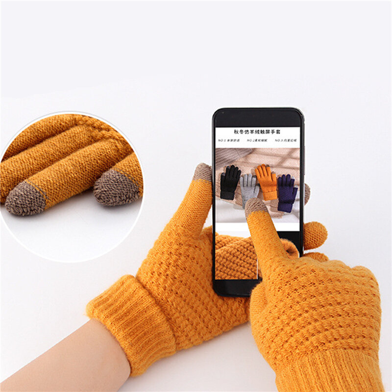 Зимние перчатки для сенсорных экранов, модные теплые эластичные вязаные варежки для женщин и мужчин, варежки из искусственной шерсти с полными пальцами, женские утепленные крючком