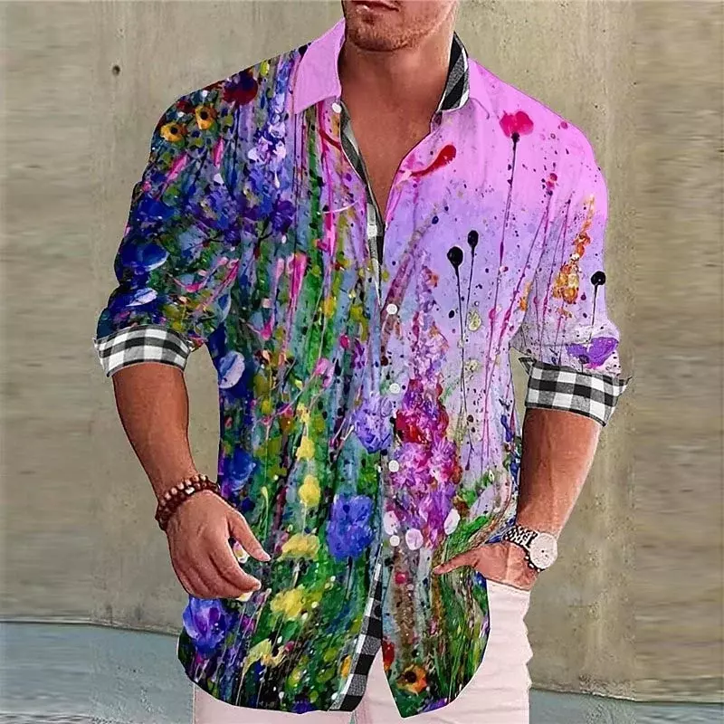 Camisa de manga larga con solapa para hombre, traje Floral colorido creativo, informal, de diseño, Material suave y cómodo, a la moda, novedad de 2023