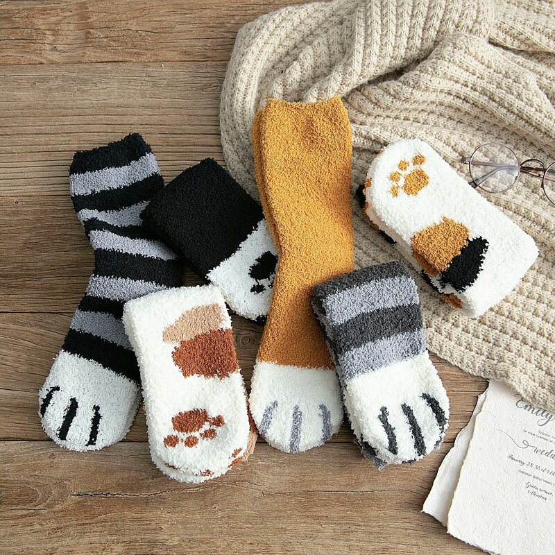 Plüsch Winter Niedlichen Stil Katze Pfote Cartoon Muster Frauen Baumwolle Socken Super Weiche Für Weibliche Bleiben in die haus Schlafen boden Sox