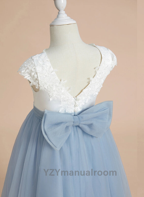 Gaun A-line renda panjang teh/Satin/gaun gadis bunga Tulle/gaun pesta pernikahan/gaun pengiring pengantin