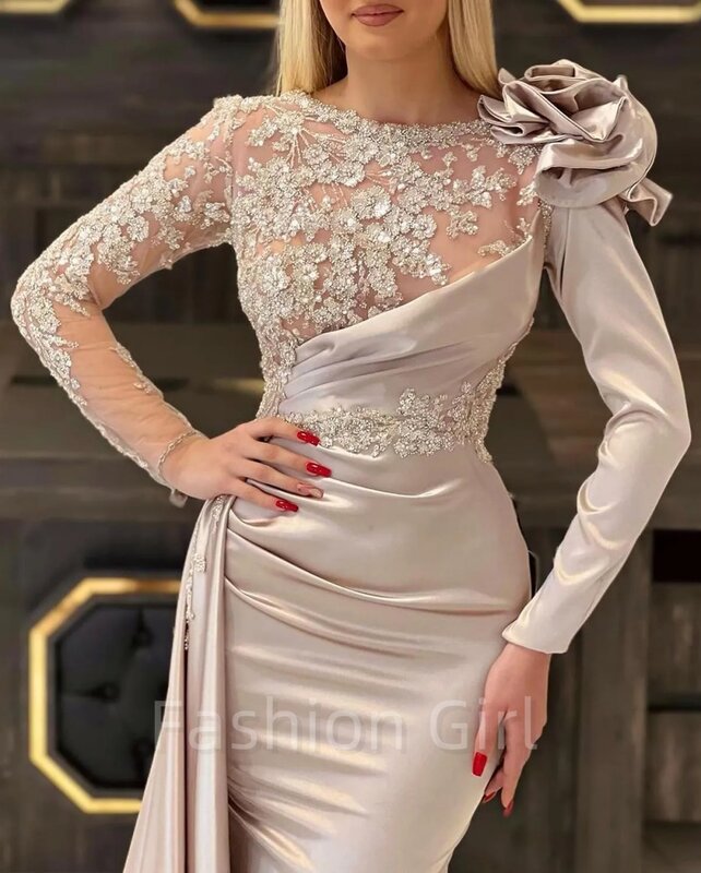 2024 Light Champagne Evening Dresses Pleats Formal Crystal Beaded Jewel Neck Elegant Mermaid Long Sleeves Prom Party Gowns