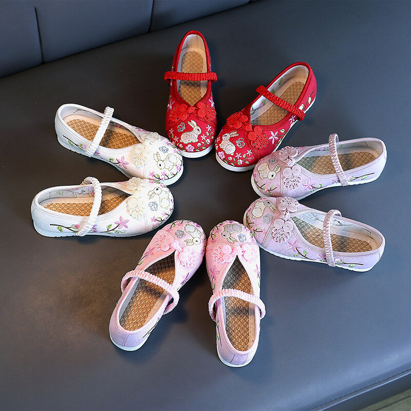 Sapatos de estilo chinês vintage hanfu para crianças, flores meninas, coelhos bordados, estudantes dançando flats, princesa deslizar, 25 a 36