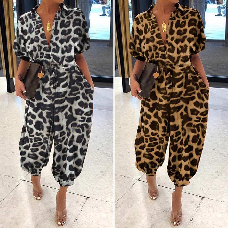 Macacão de bolso com estampa leopardo feminino, gola V, gravata de botão, manga curta, solto, elegante, terno feminino, moda verão