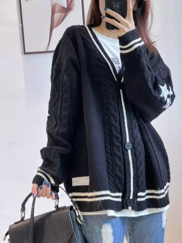 Deeptown-Cardigan de malha rápida vintage feminino, suéter de manga comprida, top extragrande preppy, streetwear de manga comprida, outono, Y2K