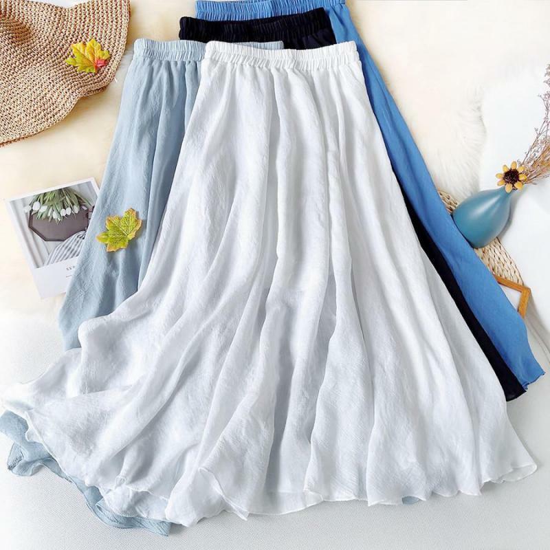 Женская льняная юбка с завышенной талией, однотонная Повседневная Свободная элегантная длинная трапециевидная юбка в стиле ретро, лето 2024