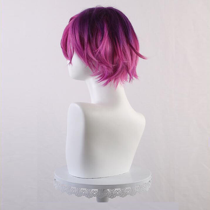 Wig Cosplay Uki Violeta Vtuber NOCTYX wig sintetis serat Cosplay rambut keriting pendek ungu gradien