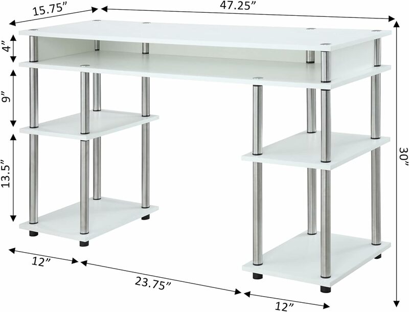 No Tools Student Shelves Desk, 47.25" L x 15.75" W x 30" H, White