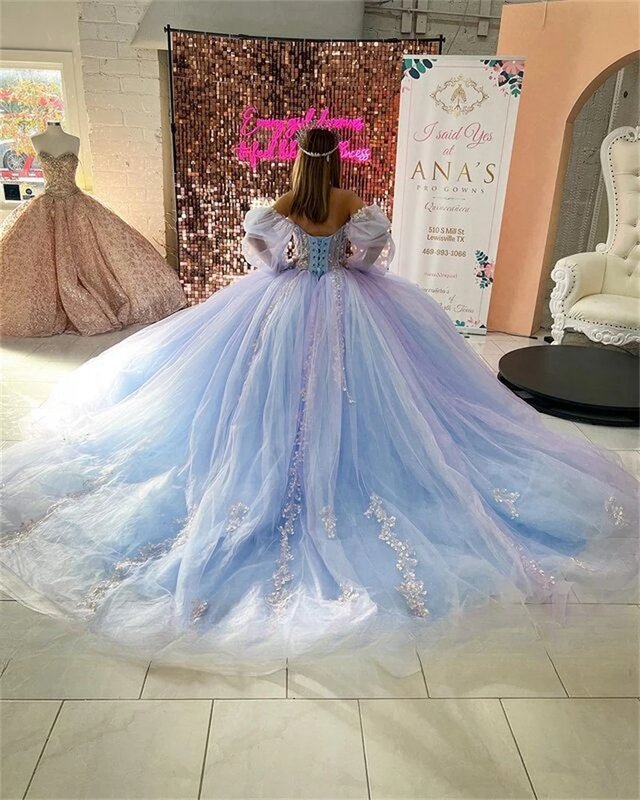 Vestido de baile princesa Quinceanera, Céu azul, Mangas compridas, Apliques de tule, Sweet 16 vestidos, 15 anos, personalizado