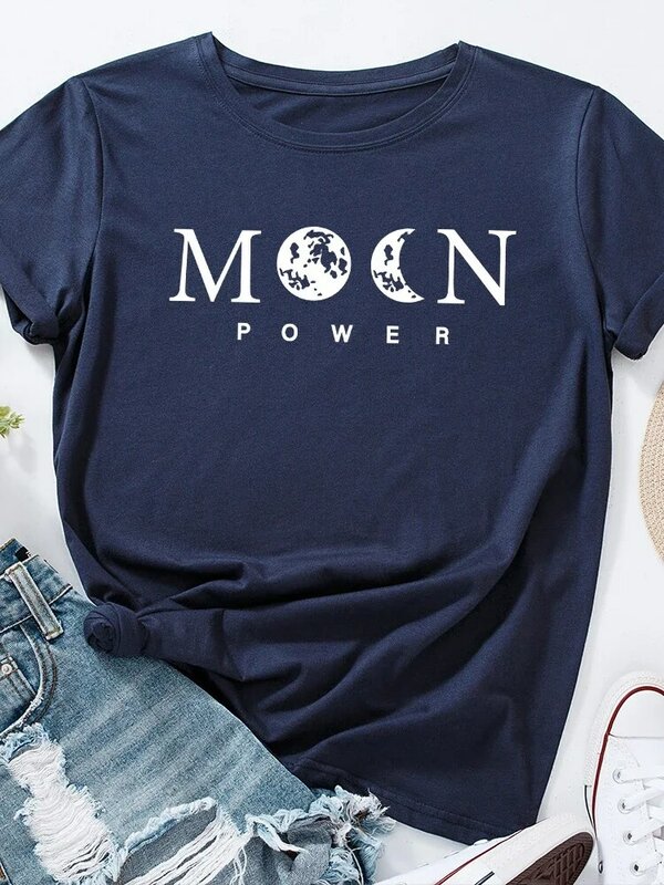 Camiseta con estampado de Moon Power para Mujer, ropa holgada de manga corta con cuello redondo, informal, de verano