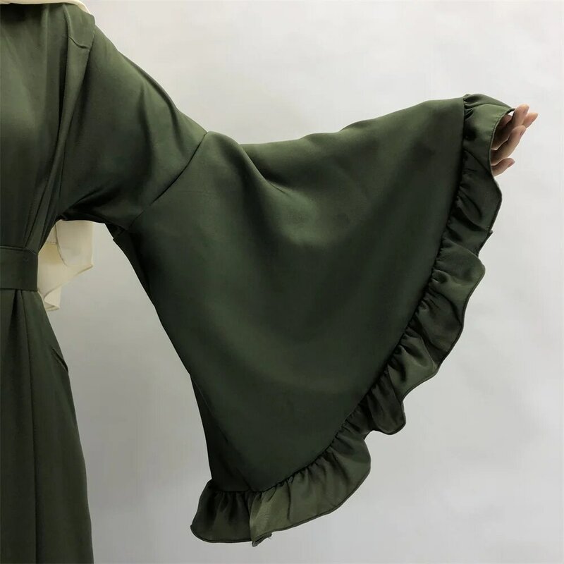 Dubai Flowy Abaya gaun Maxi ritsleting wanita Muslim pakaian Islami lengan berkerut besar Flare Cuff sederhana mengkilap lembut kain Satin Velvet