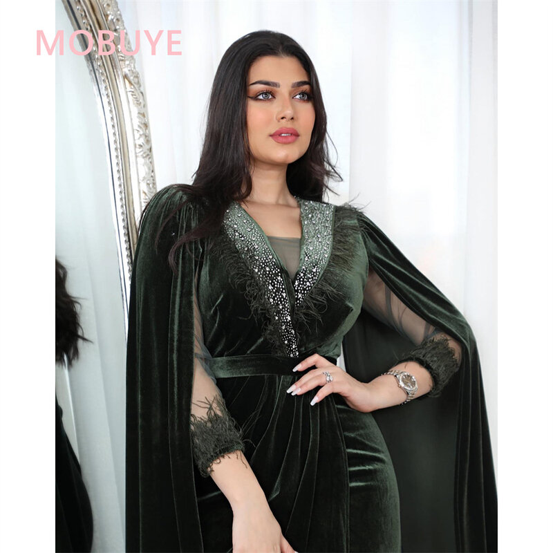 MOBUYE 2024 Arab Dubai V Neckline Prom Dress Ankle Length Evening Fashion Elegant Party Dress For Women