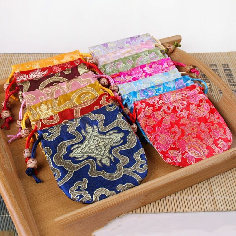 Tas serut sulaman gaya Tiongkok tas kemasan perhiasan manik-manik kanvas bunga tas tangan gaya etnik bunga