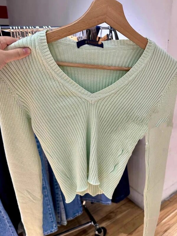 Fashion Green V-neck Knitted Sweater Women Spring New Street Cotton Soft Casual Slim Long Sleeve Crop Tops Sweet Chic Jumper Y2K