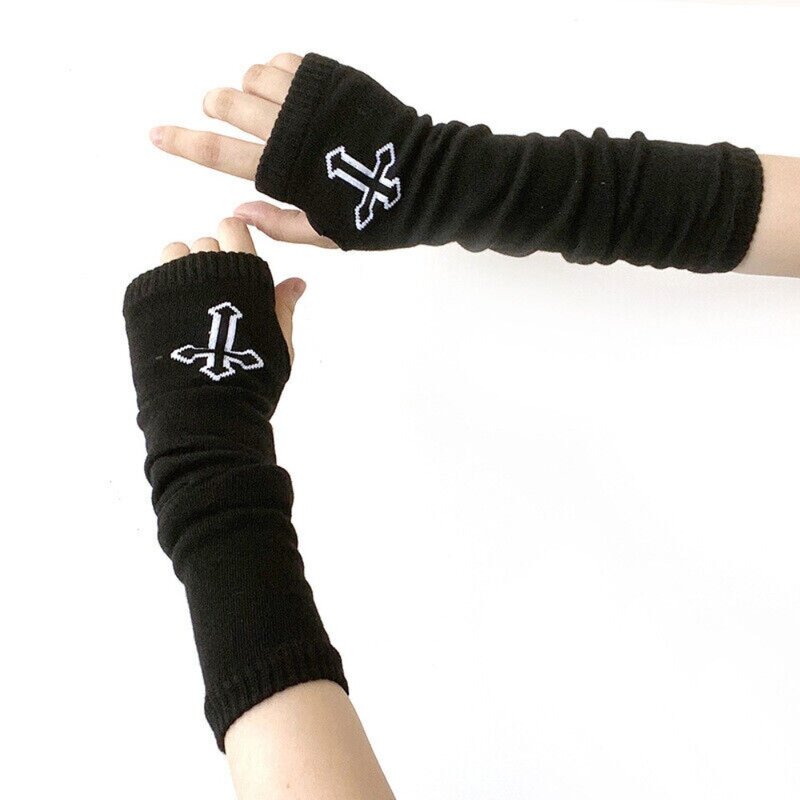 Punk Grunge Cross Gloves New、 Neutral Black Long Sleeves Rock Ninja Sleeve Cosplay