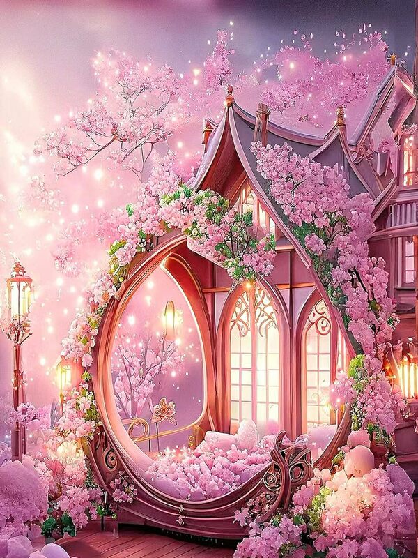 Diamante pintado pintura de paisagem para adultos, casa rosa, decoração de parede, pendurado pintura arte, 5D