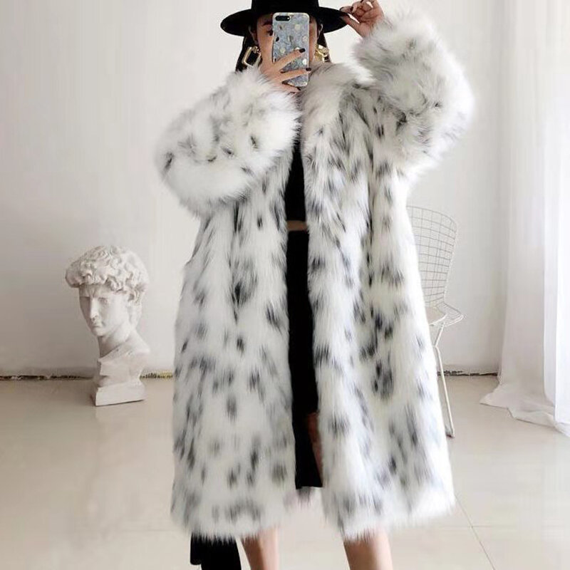 Jaqueta feminina de pele falsa de raposa, cardigã solto casual, casaco de lã branco, comprimento médio, tamanho grande, alta qualidade