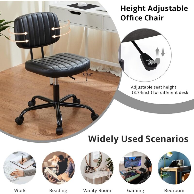 Small Office Computer Desk Chair with Wheels and Lumbar Support, Comfy Cute Armlees PU Leather Vanity Rolling