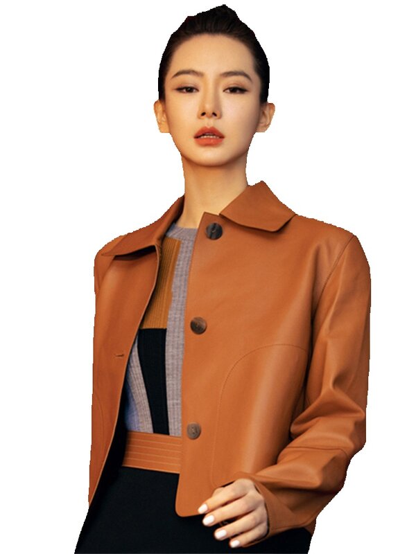 Spring New Star Same Genuine Leather Coat Women's Short Sheepskin Slim Fit Jacket Square Neck Coat