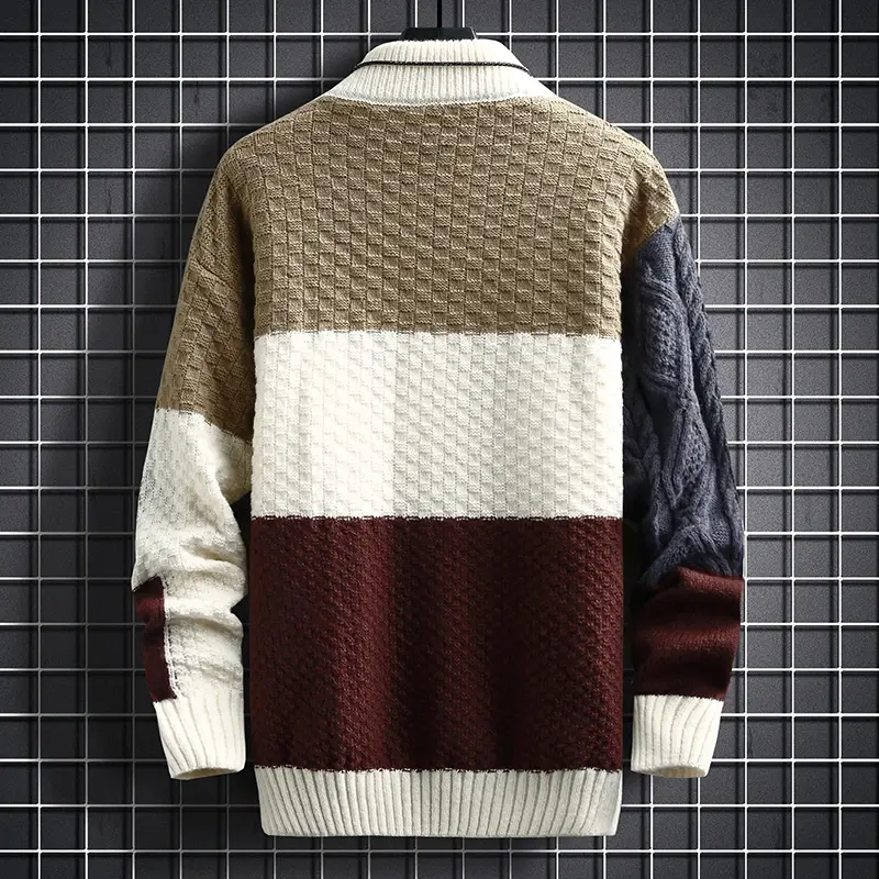 Suéter de costura combinando cores masculino, pulôver com gola redonda, suéter grosso de malha, moda quente, outono, inverno, 2023