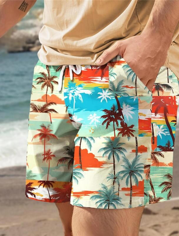 Pantalones cortos con estampado Tropical de palmera para hombre, bañadores hawaianos con cordón, cómodos y transpirables, para vacaciones