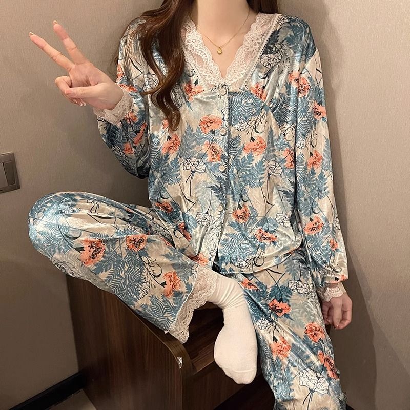 Fato de pijama de veludo dourado feminino, manga comprida com decote em v, conjunto floral de pijama feminino solto, doce para casa, primavera e outono, novo, 2022